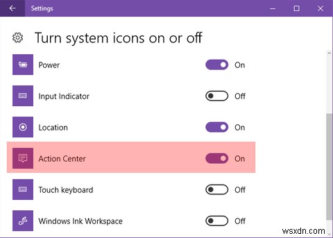 Windows 10에서 알림 센터 작업 표시줄 아이콘을 비활성화하는 방법 