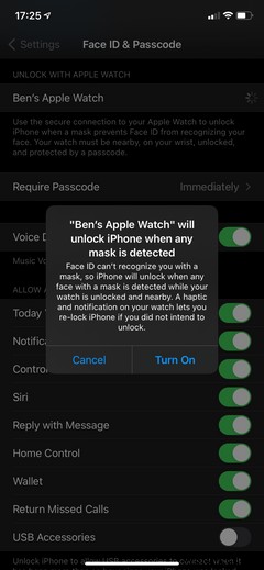 마스크를 착용한 상태에서 Apple Watch로 iPhone을 잠금 해제하는 방법