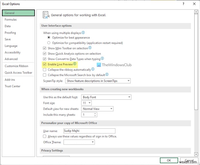 Word, Excel, PowerPoint에서 실시간 미리 보기를 활성화 또는 비활성화하는 방법 