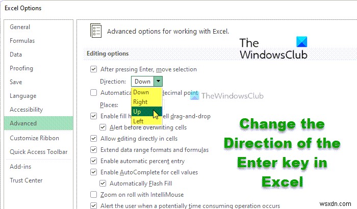 Excel에서 Enter 키의 방향을 변경하는 방법 