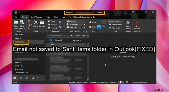 이메일이 Outlook의 보낸 편지함 폴더에 저장되지 않음