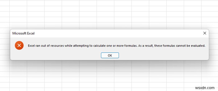 하나 이상의 수식을 계산하는 동안 Excel에서 리소스가 부족합니다. 
