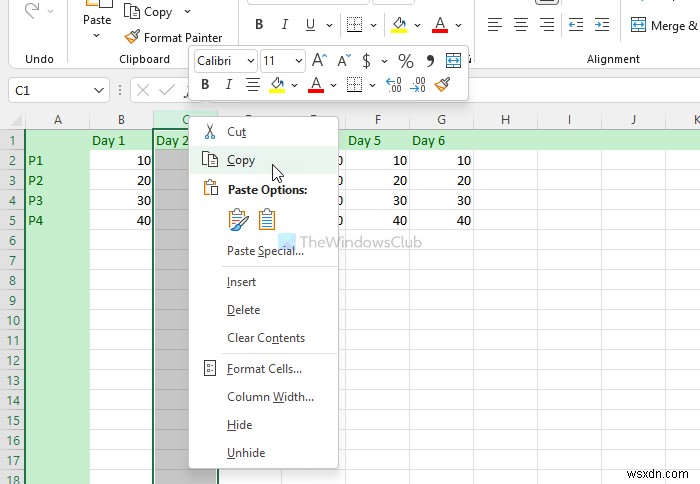 Excel 스프레드시트에서 열과 행을 복사하여 붙여넣는 방법 