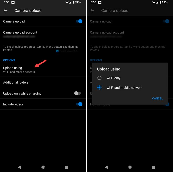 Android에서 OneDrive 카메라 업로드가 작동하지 않습니다. 활성화 또는 켜는 방법? 