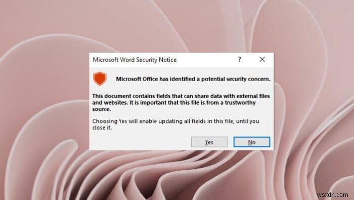 Microsoft Office는 잠재적인 보안 문제를 식별했습니다. 
