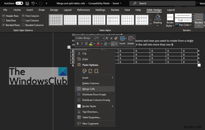 Microsoft Word에서 표의 셀을 병합하고 분할하는 방법 