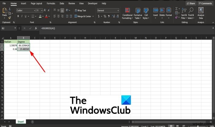 Microsoft Excel에서 DEGREES 함수를 사용하는 방법 