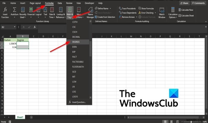 Microsoft Excel에서 DEGREES 함수를 사용하는 방법 