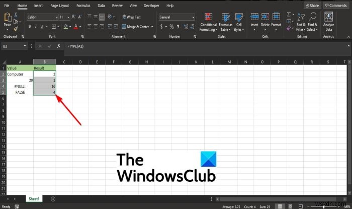 Microsoft Excel에서 TYPE 함수를 사용하는 방법