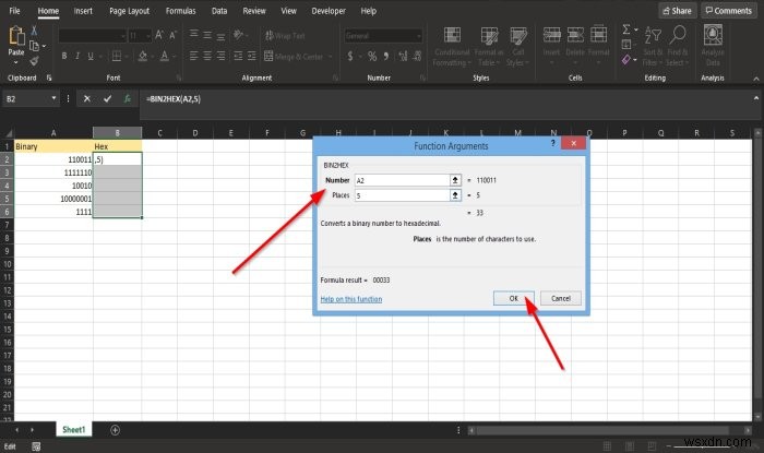 Microsoft Excel에서 BIN2HEX 함수를 사용하는 방법 