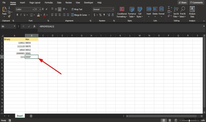 Microsoft Excel에서 BIN2HEX 함수를 사용하는 방법 