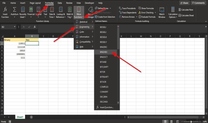 Microsoft Excel에서 BIN2HEX 함수를 사용하는 방법 