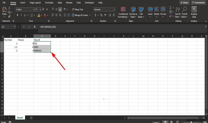 Microsoft Excel에서 DEC2Bin 함수를 사용하여 십진수를 이진수로 변환하는 방법 