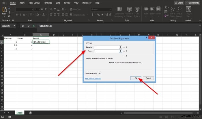 Microsoft Excel에서 DEC2Bin 함수를 사용하여 십진수를 이진수로 변환하는 방법 