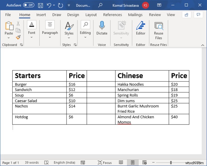 Microsoft Word에서 레스토랑 메뉴를 만드는 방법