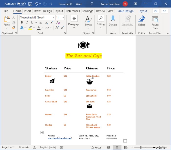 Microsoft Word에서 레스토랑 메뉴를 만드는 방법