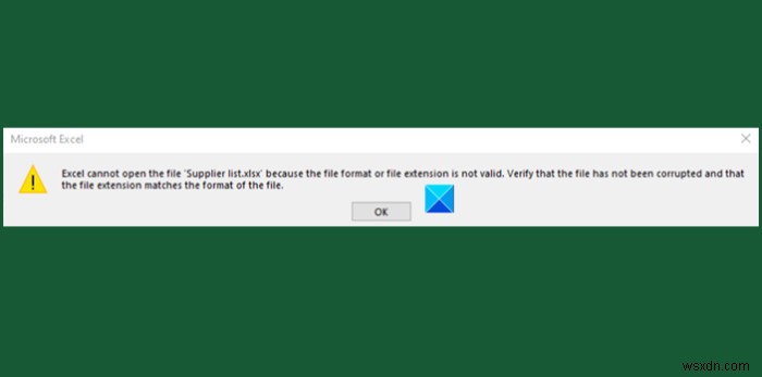파일 형식이나 확장명이 잘못되어 Excel에서 파일을 열 수 없습니다. 