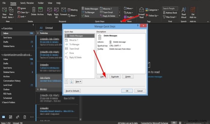Outlook에서 빠른 단계를 생성, 편집 및 삭제하는 방법