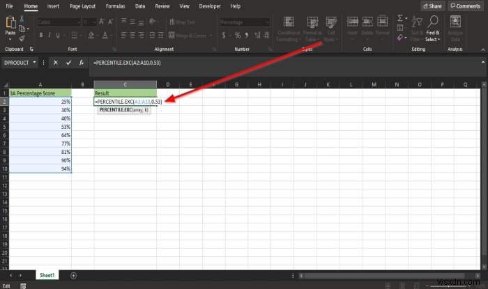 Microsoft Excel에서 Percentile.Exc 함수를 사용하는 방법 