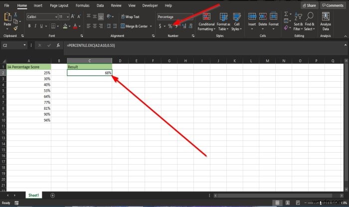 Microsoft Excel에서 Percentile.Exc 함수를 사용하는 방법 