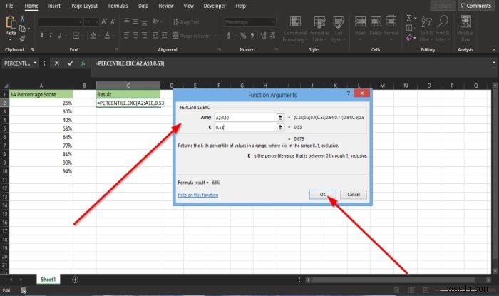 Microsoft Excel에서 Percentile.Exc 함수를 사용하는 방법 