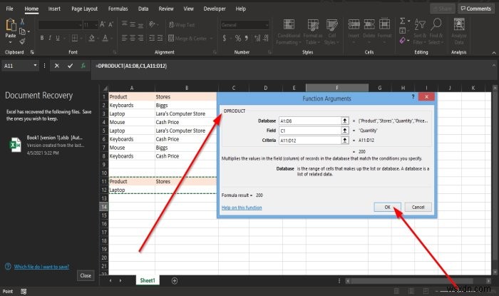 Microsoft Excel에서 DPRODUCT 기능을 사용하는 방법 