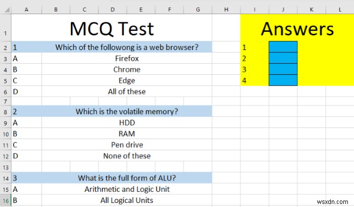 Microsoft Excel에서 자동화된 퀴즈를 만드는 방법 