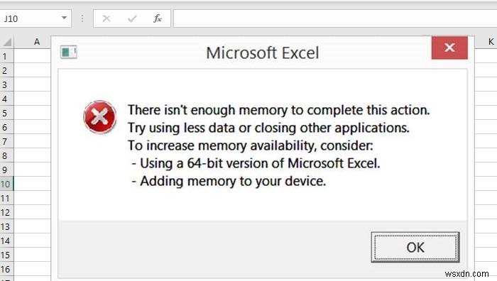 Excel에서 이 작업을 완료할 수 없습니다. 메모리 부족, 시스템 리소스가 부족하여 완전히 표시할 수 없습니다. 