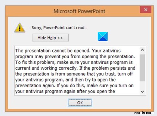 죄송합니다. PowerPoint에서 오류 메시지를 읽을 수 없습니다. 