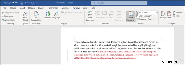 Word에서 변경 내용 추적이 활성화된 경우 삭제 버튼에 취소선이 표시되지 않음 