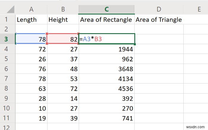 Excel에서 직사각형, 삼각형 또는 원의 면적을 계산하는 방법 