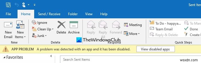 앱 또는 추가 기능에서 문제가 감지되었습니다 – Outlook 오류 메시지 