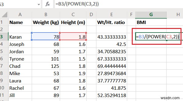 이 BMI 계산 공식을 사용하여 Excel에서 체중 대 키 비율 및 BMI 계산 