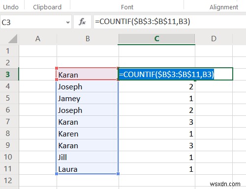 Excel에서 열의 중복 값을 계산하는 방법 