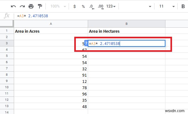 Excel에서 헥타르와 에이커 사이의 셀을 변환하는 방법 