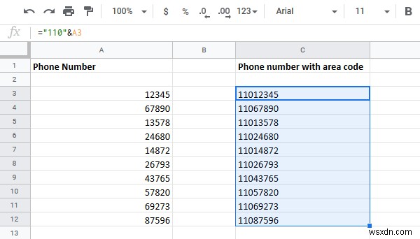 Excel에서 전화 번호 목록에 국가 또는 지역 코드를 추가하는 방법 