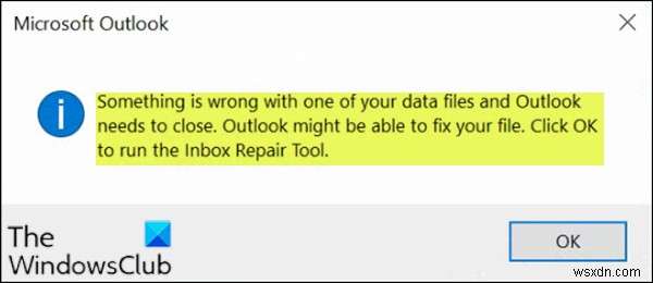 데이터 파일 중 하나에 문제가 있어 Outlook을 닫아야 합니다. 