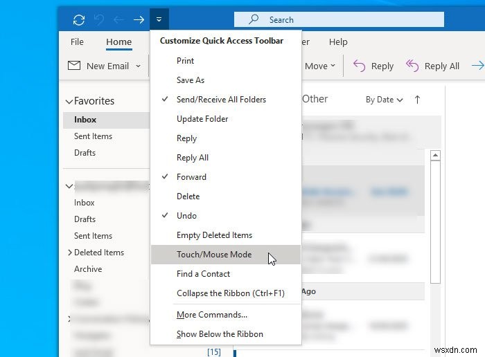 Outlook에서 터치 모드와 마우스 모드를 전환하는 방법