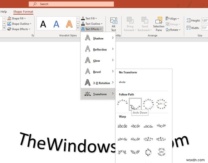 WordArt를 사용하여 PowerPoint에 곡선 텍스트를 삽입하는 방법