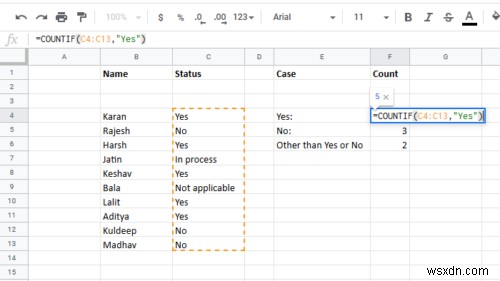 Excel에서 예 또는 아니오 항목 수를 계산하는 방법 