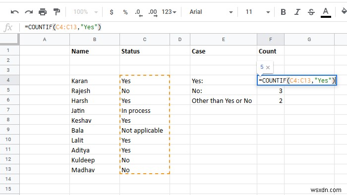 Excel에서 예 또는 아니오 항목 수를 계산하는 방법 