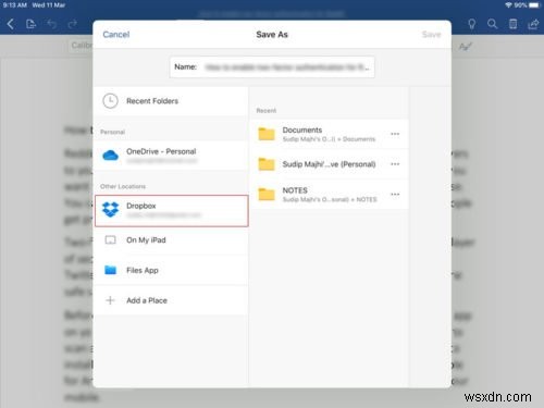 iPad에서 Microsoft Office 파일을 Dropbox에 저장하는 방법 