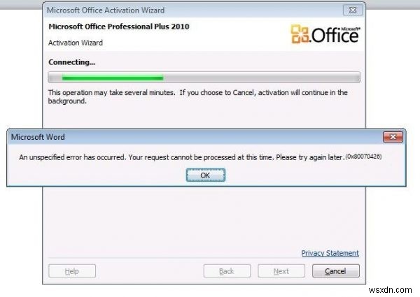 Microsoft Office 정품 인증 오류 0x80070426 수정 