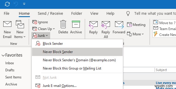 Outlook의 수신 허용 - 보낸 사람 목록에 사람을 추가하는 방법 