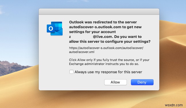 Mac용 Outlook에서 자동 검색 리디렉션 경고를 표시하지 않는 방법 