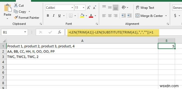 Excel 및 Google 스프레드시트의 단일 셀에서 쉼표로 구분된 값의 수 계산 