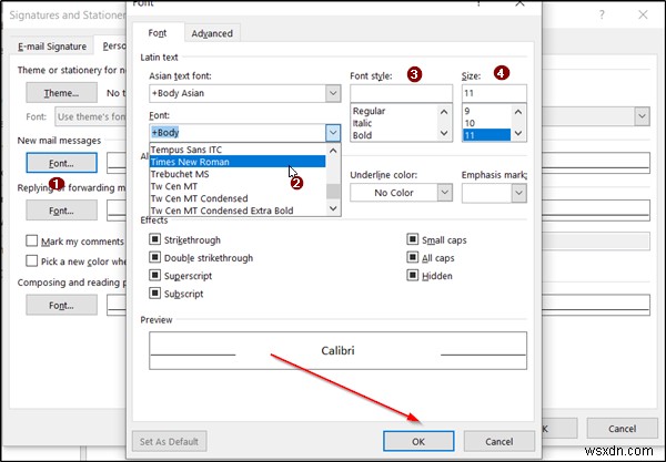 Microsoft Outlook에서 기본 글꼴, 색상, 스타일 및 크기를 변경하는 방법
