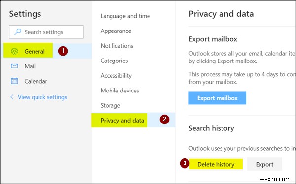 Outlook.com에서 검색 기록을 삭제하는 방법 