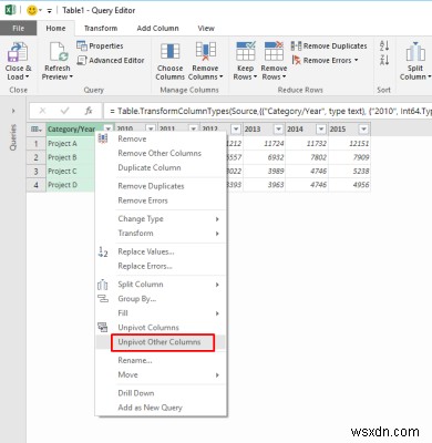 Microsoft Excel에서 정적 테이블을 피벗 해제하는 방법