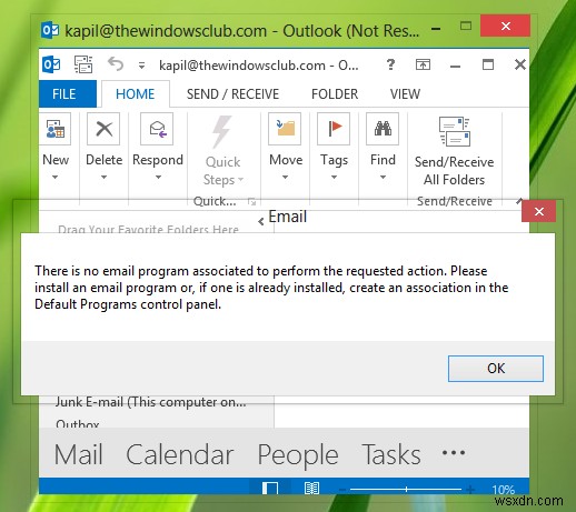 Outlook에서 요청한 작업 오류를 수행하는 데 연결된 전자 메일 프로그램이 없습니다. 